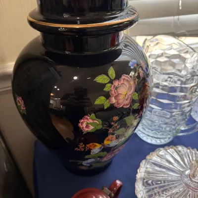 Black floral ginger jar with gold trim