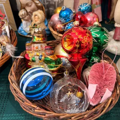 Basket of vintage glass Christmas ornaments