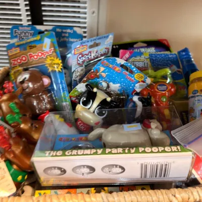 Basket of novelty toys and party favors
