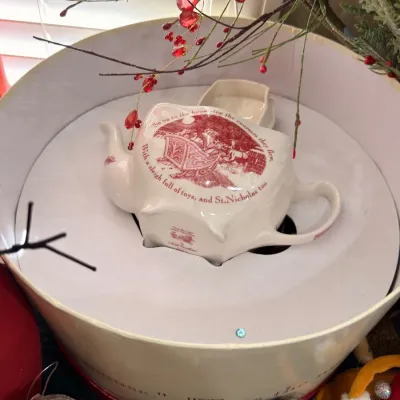 Christmas transferware teapot with hat box