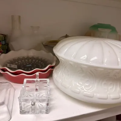 Milk glass covered bowl and ceramic pie dish