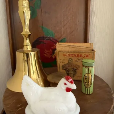 Milk glass hen on nest dish and Starr X Coca-Cola opener