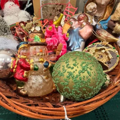 Basket of vintage glass Christmas ornaments