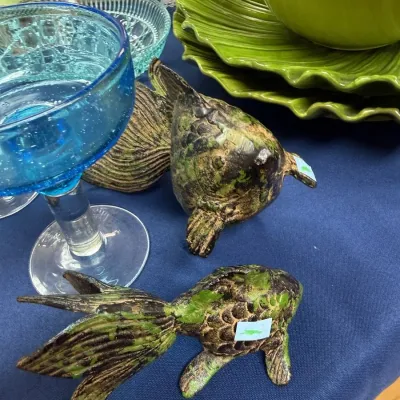Pair of cast metal fish figurines with verdigris finish