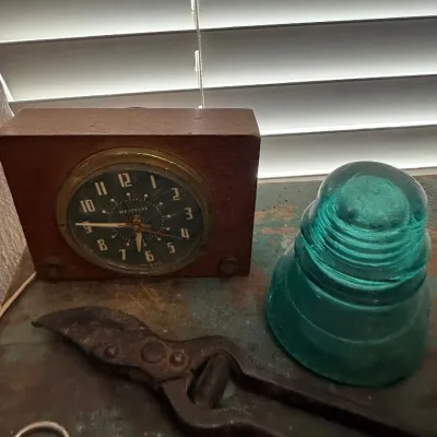 Westclox wood case alarm clock and glass insulator