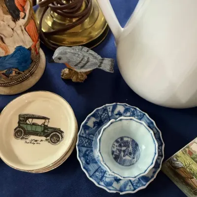First Dodge 1914 coasters and blue white bowl
