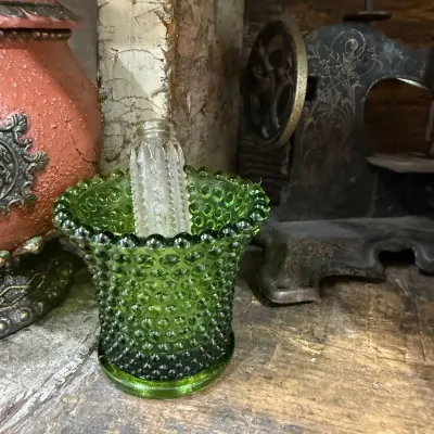 Green hobnail glass toothpick holder