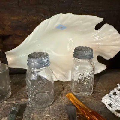 Milk glass leaf dish with Ball Perfect Mason jars