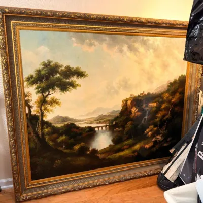 Large framed oil landscape painting in gilt frame
