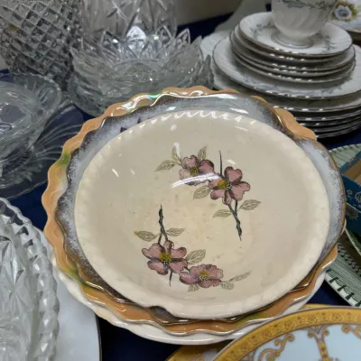 Hand painted dogwood bowl with china and cut glass