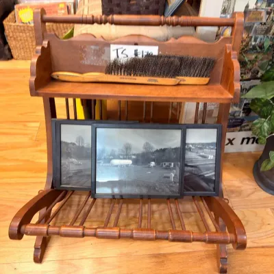 Antique turned wood magazine rack with clothes brushes