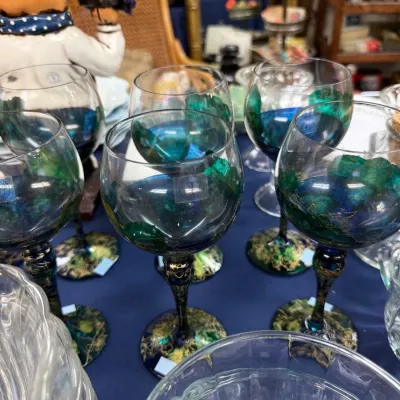 Set of art glass wine goblets in blue and green
