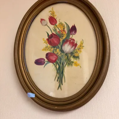 Antique oval framed tulip floral print