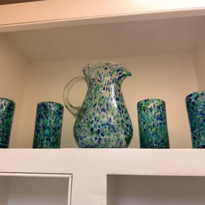 Hand-blown confetti glass pitcher and tumblers
