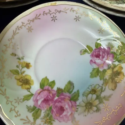 Antique hand painted rose porcelain plate with gilt