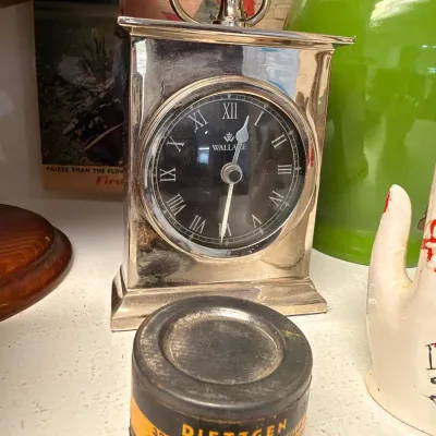 Wallace silver plate carriage clock and Dietzgen tin