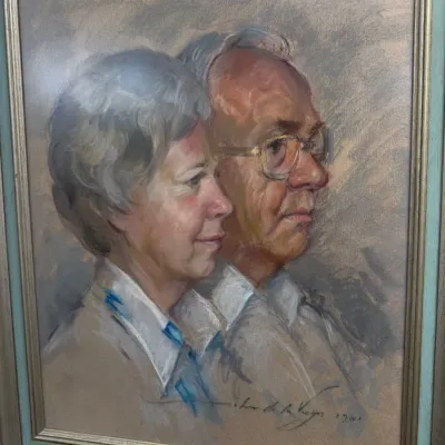 Signed pastel portrait of a couple, framed