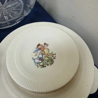 Ribbed china child's bowl with rabbit decal