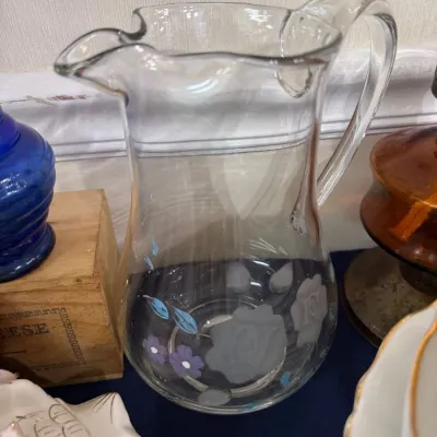 Etched glass water pitcher with frosted roses