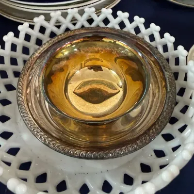 Milk glass lattice edge bowl with gilt glass dish