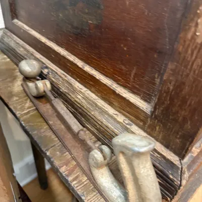 Antique wood tool chest with cast handles