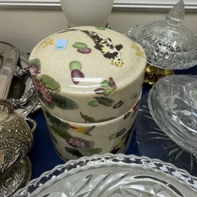 Hand painted lily pad ceramic canister and glass covered dish