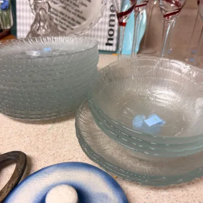 Set of frosted glass plates and bowls