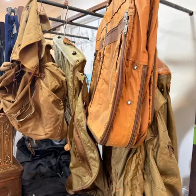 Vintage canvas and leather rucksacks and duffel bags