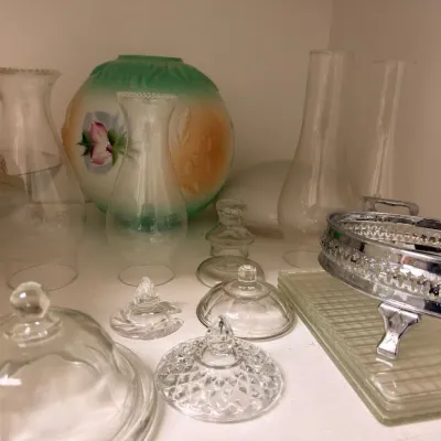 Painted globe lamp shade with glass chimneys