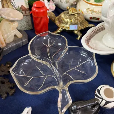 Glass leaf shaped divided relish dish