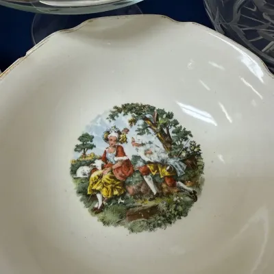 Transferware bowl with pastoral courting scene