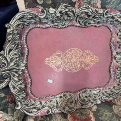Ornate scrollwork decorative tray with mosaic border