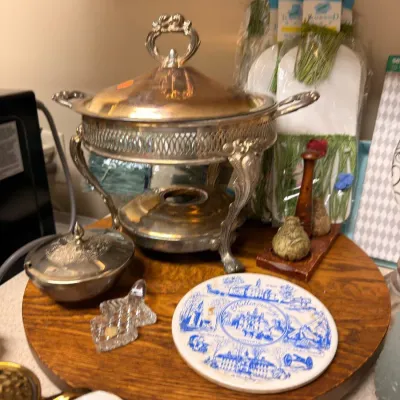 Silverplate footed chafing dish and serving pieces