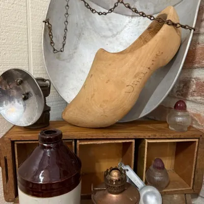 Wooden shoe form and Mercury stoneware jug