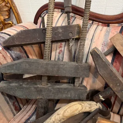 Antique wooden screw bar clamps and hand tools
