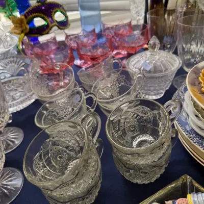 Pressed glass punch cups with pink glass cups