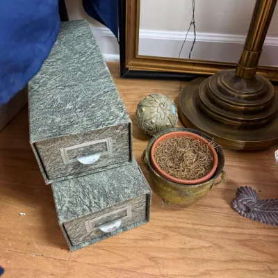 Vintage card file drawer boxes and brass pot