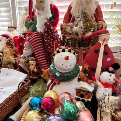 Santa figures, snowman cookie jar and vintage glass ornaments