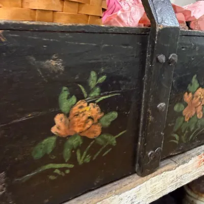 Antique hand-painted floral wooden tool tote