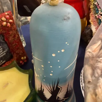 Hand painted art pottery vase with teepee scene