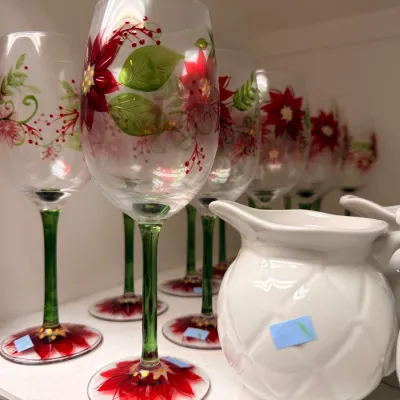 Set of hand-painted poinsettia wine glasses