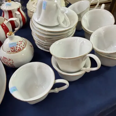 White gold rimmed teacups and saucers set