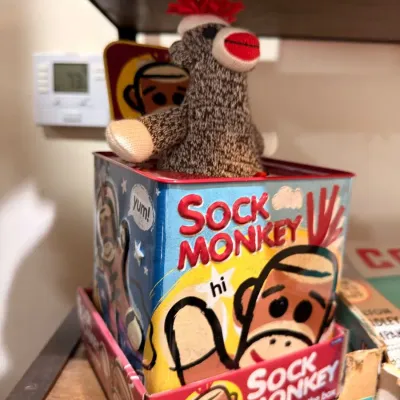 Sock Monkey jack-in-the-box toy
