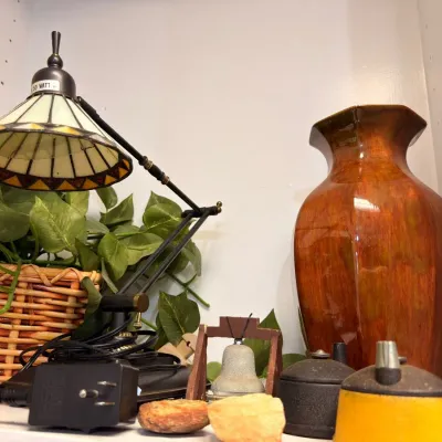 Stained glass desk lamp and turned wood vase