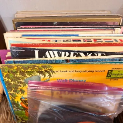 Basket of vintage LP records including Disney and Lawrence Welk