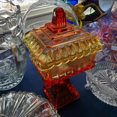 Amberina pressed glass covered pedestal candy dish