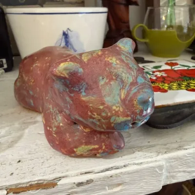 Art pottery bear figurine, multicolor glaze
