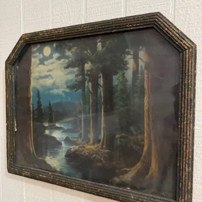 Antique framed moonlit forest landscape print