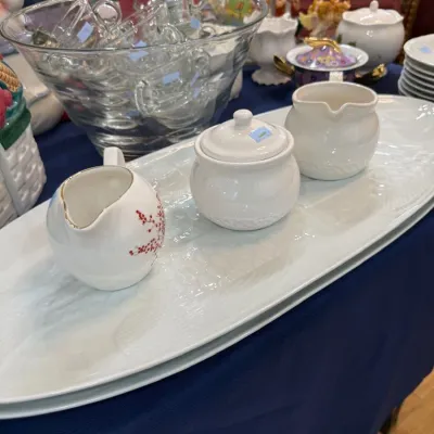 White porcelain cream, sugar and long serving tray