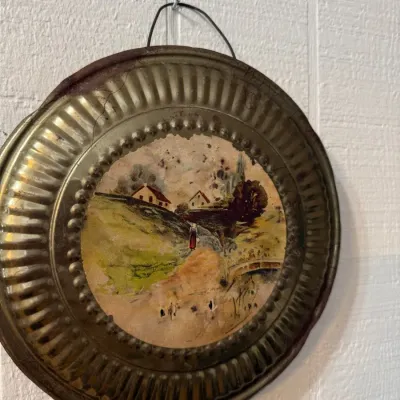 Antique brass tray with hand painted landscape scene